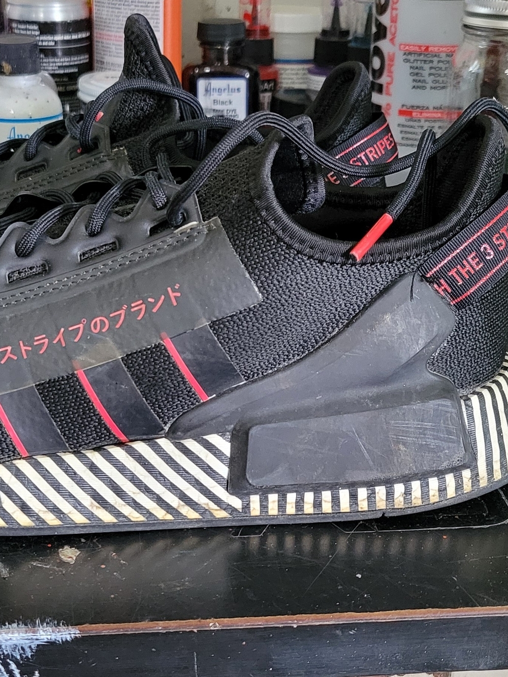 Black Knit Sneakers with Red Accent Stripes